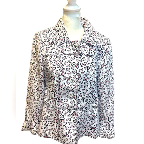 Red & navy blue 🦋 BUTTERFLY jacket! Has flutter cuffs & waist. Small/Med NWOT - Picture 1 of 11